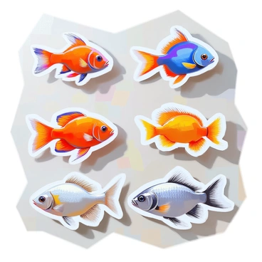 A collection of vintage stickers showcasing various types of fish. Each sticker displays a different species, including a bright orange clownfish, a striking blue tang, a tropical yellow butterfly fish, and a silver-scaled carp. The fish are illustrated in vibrant colors, with intricate details highlighting their scales and fins. The background of each sticker features a subtle textured pattern that enhances the vintage aesthetic, and the edges of the stickers are slightly worn to emphasize their retro charm. Each fish is positioned prominently, creating a lively and colorful arrangement.