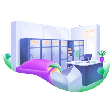 A modern pastel illustration of a room filled with rows of metallic safe deposit boxes, each box featuring a unique number. The boxes are arranged neatly in a spacious, well-lit area with soft, ambient lighting. A few boxes are slightly opened, revealing their plush, velvet interiors. There are potted plants in the corners, adding a touch of greenery to the room. The walls are adorned with subtle patterns, and a receptionist's desk is visible at one end, complete with a computer and a stack of paperwork. The scene conveys a sense of security and organization.