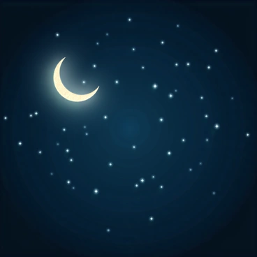 A deep blue night sky, filled with numerous twinkling stars that sparkle in various sizes and brightness. A glowing crescent moon hangs gracefully in the sky, casting a soft light over the scene. The moon's surface shows delicate craters and textures that reflect its illuminated portion. The stars are scattered across the sky, creating a beautiful contrast against the deep blue backdrop.