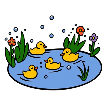 A tranquil pond filled with sparkling soda, reflecting bubbles on the surface. There are cute sugar ducks with bright yellow feathers and round bodies swimming gracefully. The ducks have small, cheerful faces and shiny eyes, creating a playful scene. Surrounding the pond, there are lush green plants and colorful flowers adding vibrancy to the composition.