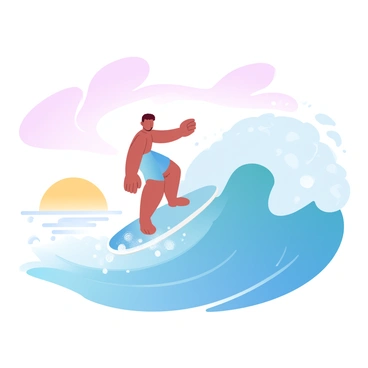 A surfer riding a large, crashing wave with a smooth stance on the board. The water has a dynamic texture with splashes and foam as the wave breaks. In the background, the sky is filled with gradient pastel colors of pink, orange, and light blue, indicating the early sunrise. The sun is just peeking over the horizon, casting a soft golden glow across the water. There are gentle ripples on the surface of the ocean, reflecting the warm colors of the sky. The scene captures the energy and movement of the surfer and the wave.