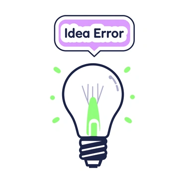 A lightbulb is suspended in the center of the image, flickering on and off. The lightbulb has a classic shape, with a visible filament glowing intermittently. Above the lightbulb, there is a speech bubble emerging from it. Inside the speech bubble, the text reads "Idea Error." The background is minimal to emphasize the lightbulb and the speech bubble.