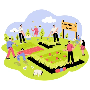 A vibrant community farm in Charleston with a variety of colorful vegetable patches. Several individuals are actively planting green lettuces and bright tomatoes in neat rows. Some community members are engaging in outdoor activities, such as children playing on the grassy area, while adults share laughter nearby. A wooden sign reading "Community Farm" is visible, surrounded by blooming flowers and buzz of bees. A blue sky with fluffy white clouds serves as the backdrop to this lively scene.