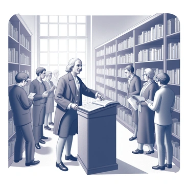 A historical scene depicting "Benjamin Franklin" standing at a wooden podium within a large room, surrounded by eager patrons. The room is filled with tall bookshelves lined with books, some patrons are browsing through the shelves, while others are gathered around Franklin, listening intently. The patrons include men and women of various ages, some wearing period clothing, and others are holding books and papers. Franklin is gesturing towards an open book on the podium, emphasizing the importance of knowledge. In the background, a large window allows light to flood into the room, illuminating the scene. The overall atmosphere conveys a sense of enthusiasm for learning and community engagement in this first public library.