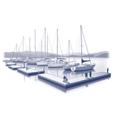 A harbor filled with multiple sailboats anchored in the water. The boats have various sizes and designs, with their sails furled and secured. The water surface is calm, reflecting the outlines of the boats. Surrounding the harbor, there are wooden docks with a few people walking, some carrying fishing gear or enjoying the view. In the background, there are silhouettes of distant hills, providing a sense of depth to the scene.