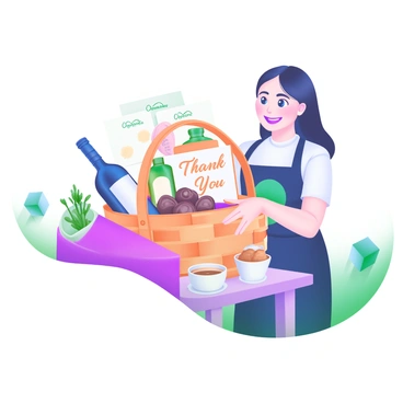 A decorative gift basket is placed on a small wooden table. The basket is filled with an assortment of items, including a bottle of fine wine, gourmet chocolates, a selection of organic teas, and a small potted plant. A beautifully crafted card with the words "Thank You" in elegant script is nestled among the items. A smiling person is gently presenting the basket to a loyal customer, who looks pleasantly surprised and appreciative. The scene is warm and inviting, with soft lighting highlighting the details of the gift basket.