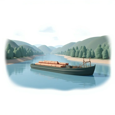 A river barge transporting logs down a wide, winding river