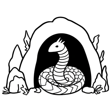 A mythical creature with glistening scales sits at the entrance of a cave, its body coiled protectively around the rocky threshold. The creature's scales shine with a reflective quality, creating highlights along its serpentine form. Its piercing eyes are fixed on the viewer, exuding an aura of vigilance. Surrounding the entrance are jagged rocks and a mist that adds an air of mystery to the scene. The ground is littered with leaves and small stones, leading up to the creature's imposing figure.