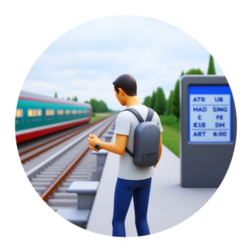 A person standing on a train platform, wearing a casual outfit with a backpack slung over one shoulder. They are checking their watch, which is a sleek, modern design. The platform has a few benches and a digital display board showing train schedules. The person has short, dark hair and appears focused, glancing towards the tracks where a train is expected to arrive soon. The sky is slightly overcast, indicating a late afternoon setting.