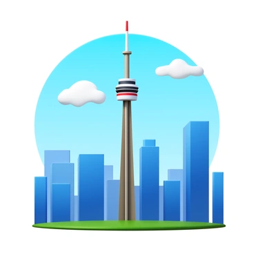 A 3D icon of the CN Tower in Toronto, prominently featuring its iconic structure with the observation deck and antenna. The CN Tower stands tall against the backdrop of the city skyline, showcasing a variety of buildings at different heights and styles. Above the skyline, there is a clear blue sky, enhancing the visibility of the tower and the surrounding architecture. The scene includes a few fluffy white clouds to provide subtle contrast without obstructing the view.