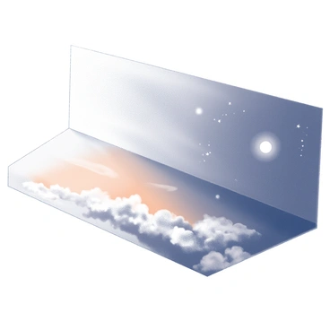 A vast sky occupying the upper portion of the image, showcasing a gradient of different times of day. On the left side, the brightness of a "morning sky" is depicted with soft, wispy clouds. As the viewer's gaze moves right, the hues transition to the "midday sky" with clear, unbroken expanse and high sun. Further right, the colors shift to the warmer tones of "sunset," featuring layers of "orange and pink clouds." Finally, on the far right, a "night sky" is illustrated with scattered stars and a crescent moon, creating a dramatic contrast with the earlier times of day. Each section blends seamlessly into the next, illustrating a continuous flow of time.