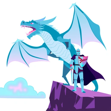 A fierce dragon with iridescent scales gliding through the sky, its wings spread wide and casting a shadow over the landscape. Below, a brave knight with polished armor and a determined expression stands on a rocky cliff, gripping a sword firmly in one hand. The knight's cape billows in the wind, and his shield, emblazoned with a bold emblem, rests securely at his side. The distant horizon showcases a dramatic, cloud-filled sky, enhancing the tension of the impending battle.