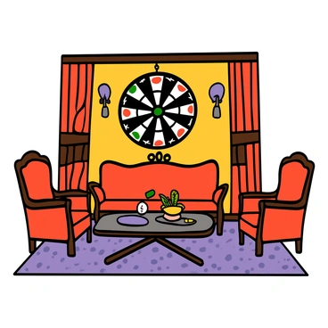 A luxurious lounge with elegant decor featuring a dartboard mounted on the wall. The room is furnished with plush seating, including a deep red velvet sofa and matching armchairs. Soft lighting illuminates the space, creating a warm atmosphere. A stylish coffee table sits in the center, adorned with a few decorative items. The floor is covered with a textured carpet, adding to the comfort of the lounge.