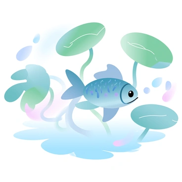A fish with colorful scales is swimming gracefully among the roots of lily pads in a tranquil pond. The lily pads have a vibrant green color with rounded shapes, floating gently on the water's surface. Sunlight filters through the leaves, creating a dappled effect on the water. The roots of the lily pads are submerged, intertwining and providing shelter for the fish. Small bubbles rise from the fish as it glides effortlessly through the water, surrounded by reflections of the lily pads above.