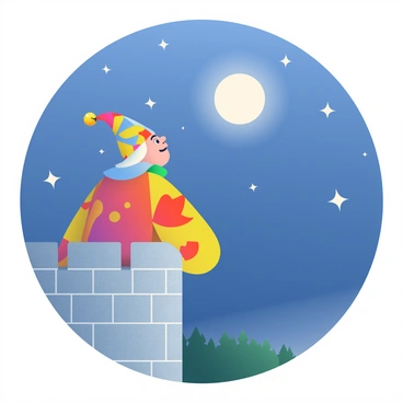 A jester with a colorful costume featuring red, yellow, and blue patterns is perched on the edge of a castle wall. His pointed hat has bells that shimmer in the moonlight. The jester is gazing up at a star-filled sky, with bright stars twinkling against a deep blue backdrop. Below him, the stone castle walls are textured and weathered, and the faint silhouette of a distant forest can be seen in the background. The moon casts a soft glow, illuminating his face and highlighting the playful expression as he takes in the beauty of the night sky.
