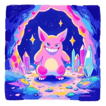 A "Gengar" is positioned in the center of a dark cave. The cave walls are lined with "colorful, glowing crystals" that emit a soft light, illuminating the surroundings in hues of blue, purple, and green. The crystals vary in size and shape, some towering above Gengar, while others are scattered around its feet. Gengar's features are highlighted by the glow of the crystals, its mischievous grin contrasting with the serene atmosphere of the cave. The ground is rocky and uneven, with small patches of moss peeking out from between the stones.