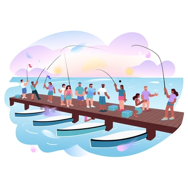 A large group of participants is gathered around a wooden dock during a tarpon fishing tournament. Some individuals are holding fishing rods, eagerly waiting for a catch, while others are actively reeling in their lines. Brightly colored boats are moored nearby, and a few fishermen are seen casting their lines into the water. The atmosphere is lively, with banners and flags flapping in the breeze. Various fishing gear, such as tackle boxes and coolers, are scattered across the dock. In the background, a vibrant sunset casts gradient pastel colors across the sky and reflects on the water's surface.