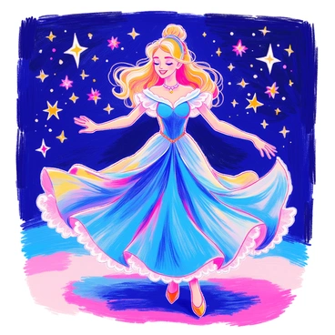 A figure of Galinda is twirling gracefully. She is wearing a stunning "sapphire blue dress" that flows elegantly around her as she moves. Her hair is styled beautifully, cascading down in soft waves. Surrounding her are "twinkling stars" that sparkle against a dark background, creating a magical atmosphere. The light from the stars reflects off her dress, enhancing the vibrant blue fabric as she dances. Her expression is joyful, capturing the enchantment of the moment.