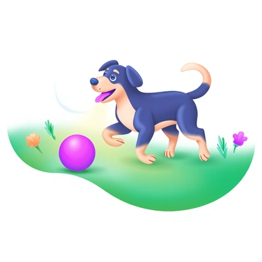 A playful dog pushing a bright red ball across a green lawn.