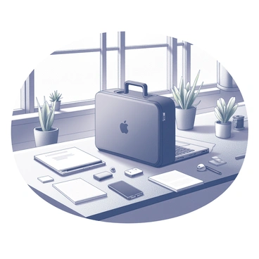 A laptop case resting on a sleek, wooden desk in a modern co-working space. Surrounding the case are various tech gadgets, including a smartphone, a portable external hard drive, and a pair of wireless earbuds. Scattered around are pieces of stationery, such as a notepad with blank pages, a black pen, and some sticky notes. The workspace features large windows allowing light to pour in, illuminating the workspace, while a few potted plants add a touch of greenery to the scene.