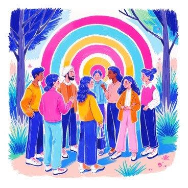 A diverse group of people is gathered together, showcasing a variety of ethnic backgrounds and styles. They are standing in a park, with some individuals wearing casual clothing while others are dressed more formally. In the background, there is a large target symbol prominently displayed. The target is bold and colorful, with concentric circles in distinct colors. The group is engaged in conversation, laughing, and interacting with each other, creating a lively atmosphere. The scene is filled with greenery, with trees and grass visible around them.
