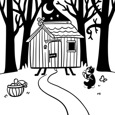 A large, intricately designed wooden hut on chicken legs stands in the center of the scene, surrounded by tall trees with tangled branches. A winding path leads to the door of the hut, which is adorned with ornamental carvings. In the foreground, a small, round figure wearing a colorful shawl is holding a large basket filled with berries. Nearby, a mischievous cat is playfully stalking a butterfly. Above the hut, there is a crescent moon and scattered stars in the night sky. The words "Once upon a time" are written in an ornate font above the scene.