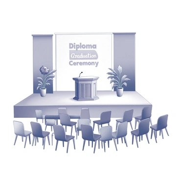 A stage set for a diploma ceremony is prominently featured. The backdrop consists of a large, decorative banner with the words "Graduation Ceremony" displayed prominently in the center. A polished podium stands at the forefront, equipped with a microphone and surrounded by a few decorative elements, such as potted plants on either side. In front of the podium, several rows of chairs are arranged neatly, each chair facing the stage. The chairs are designed for graduates, possibly draped with ceremonial colors or fabrics. The scene conveys an atmosphere of anticipation and celebration, highlighting the importance of the event.