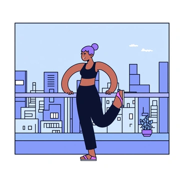 A person in a yoga pose stands on a high-rise balcony. The individual is dressed in a fitted black yoga outfit. The balcony features a glass railing that offers a clear view of a sprawling city below, with buildings of various heights and sizes. The city is depicted in a minimalistic style, showcasing a few skyscrapers, and a blue sky is visible above. A small potted plant sits on the balcony floor beside the person, adding a touch of greenery to the scene.
