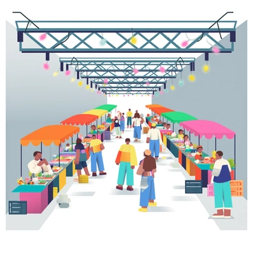 A bustling underground market is set up inside an unused metro tunnel. The tunnel has gray concrete walls with exposed metal beams above. There are colorful fabric stalls lined up on either side, each displaying a variety of goods such as fruits, vegetables, handmade crafts, and vintage items. Brightly colored string lights are strung overhead, illuminating the scene with a warm glow. People are walking around, some haggling with the vendors, while others are examining products. A small group of musicians is playing near one of the stalls, adding to the lively atmosphere. The ground is made of uneven concrete, and scattered crates and boxes serve as makeshift seating.