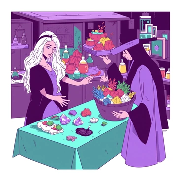 A vibrant marketplace filled with various stalls, where witches of different appearances are bartering for magical supplies and rare ingredients. One witch with long silver hair is examining a collection of shimmering crystals displayed on a teal table. Another witch, wearing a deep purple cloak, is tightly holding a basket filled with vibrant herbs and dried flowers. In the background, there are vendors showcasing potions in colorful bottles, and mystical ingredients are piled high, creating a rich tapestry of colors. The air is filled with the aroma of exotic spices and the sound of lively conversations.