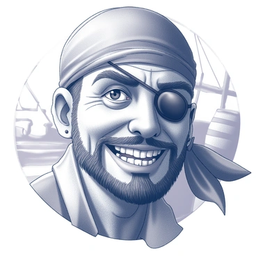 A close-up of a pirate's face. The pirate has a rugged, weathered appearance with a beard and several lines etched on his skin from years at sea. He wears a black eye patch covering one eye, adding an air of mystery. His mouth curves into a mischievous grin, revealing a few missing teeth. A torn bandana is tied around his head, and several earpieces hang from his ears. The background suggests a ship's deck with faint hints of rigging and barrels, enhancing the pirate theme.