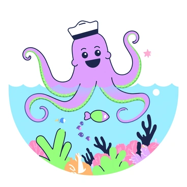 A smiling octopus with a tiny sailor hat is waving its tentacles from the surface of the ocean. The octopus has bright eyes and a cheerful expression. Beneath the water, colorful coral and small fish can be seen swimming around. The tentacles are curling playfully, creating gentle ripples in the water. In the background, the ocean stretches out to the horizon.
