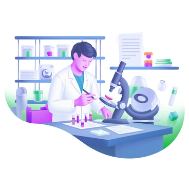 A lab technician wearing a white coat is standing at a countertop in a well-organized laboratory. The technician is focused on carefully labeling small, clear vials containing blood samples. The vials are arranged neatly on the counter. There are various pieces of lab equipment nearby, including a microscope, a centrifuge, and stacks of paperwork. The technician is holding a black marker in one hand and is writing on a label with precision. The background features shelves stocked with medical supplies and equipment, creating a professional atmosphere.
