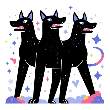 A three-headed Cerberus standing tall with a muscular, black coat. Each head features piercing glowing blue eyes and fierce expressions. Cosmic elements such as stars, galaxies, and nebulae swirl around the creature, creating a vibrant celestial aura. The background includes hints of a deep space setting with scattered sparkling stars and colorful cosmic clouds. The base of the Cerberus is surrounded by ethereal mist, adding an otherworldly feel to its presence.