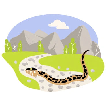 A rattlesnake with a mottled brown and tan pattern slithering across a rocky mountain trail. The trail is made of gray stones and pebbles, surrounded by patches of green grass and small shrubs. In the background, rugged mountains rise under a clear blue sky, with a few white clouds scattered softly. The sun casts bright light on the scene, illuminating the scales of the rattlesnake as it moves.