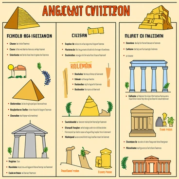 A large, colorful chart showcasing various ancient civilizations such as Egypt, Greece, and Rome. The chart is divided into sections, each featuring vibrant illustrations of iconic elements like pyramids, Greek columns, and Roman arches. Each section includes concise bullet points highlighting key aspects such as culture, technology, and governance. The background of the chart is a light beige color, enhancing the vividness of the illustrations. Various symbols, like a sun, olive branches, and laurel wreaths, are scattered throughout to add visual interest and context.