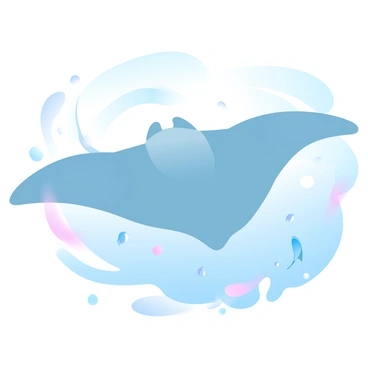 A large manta ray is gliding through the clear blue ocean waters. The manta ray has broad, sweeping wings and a smooth, streamlined body. Sunlight filters through the water, creating shimmering patterns on the ocean floor below. Surrounding the manta ray are small, colorful fish swimming in schools. Bubbles trail behind the manta ray as it moves effortlessly through the water.