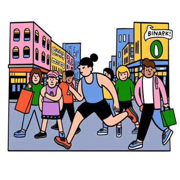 A runner with light skin and short, dark hair is navigating through a bustling city street. The runner is wearing a blue tank top and black running shorts, with running shoes that have bright accents. The background shows a busy urban environment filled with pedestrians, some walking with shopping bags, others chatting. The faces of the pedestrians express surprise as the runner skillfully dodges around them, with vibrant storefronts lining the street and tall buildings rising in the background.