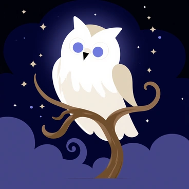 A ghostly owl with white feathers and delicate, ethereal wings is perched on a gnarled, dark brown branch. The owl's large, round eyes are glowing softly with a pale blue hue, illuminating the area around it. The night sky is deep navy with scattered stars twinkling in the background. Wisps of fog curl around the base of the tree, creating an atmosphere of mystery. The owl's sharp beak is slightly open, adding to its enigmatic presence.