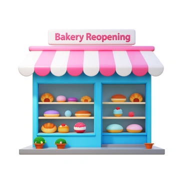 A local bakery with a freshly painted exterior in pastel colors. The windows are adorned with a variety of delicious pastries, including croissants, éclairs, and colorful macarons. The bakery's sign, which reads "Bakery Reopening," is prominently displayed above the entrance. In front of the window, there are small potted flowers adding a touch of charm to the scene. The overall atmosphere conveys warmth and invites customers to come inside.
