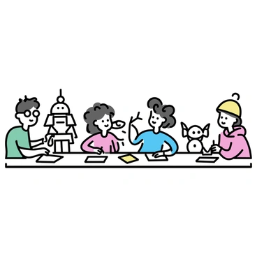 A group of four individuals is sitting at a long table in an illustration workshop. Each participant is focused on their work, sketching various characters. One person, wearing glasses and a green shirt, is drawing a tall warrior with intricate armor. Next to them, a woman with curly hair in a blue dress is sketching a whimsical fairy with large wings. On the other side of the table, a man in a red hoodie is illustrating a robot with mechanical details. The last participant, a person wearing a yellow beanie, is working on a cartoonish animal character. Various art supplies, such as pencils and sketchbooks, are spread across the table.