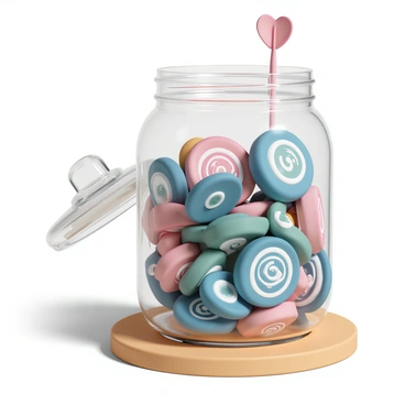 A large glass jar with a wide opening, filled with uniquely designed darts. The darts vary in color, featuring bright reds, vivid blues, and deep greens. Each dart has intricate patterns, such as swirls, geometric shapes, and floral designs. The jar is sitting on a wooden table with a soft light shining down, casting gentle shadows. The background is blurred, emphasizing the jar and its colorful contents. The jar's lid is slightly ajar, hinting at the possibility of removing a dart.