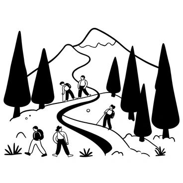A group of hikers with backpacks walking along a winding mountain trail. Tall pine trees line both sides of the trail, their trunks reaching upwards. The horizon is dominated by a rugged mountain peak, partially covered with patches of snow. The ground is rocky and uneven, with scattered stones and tufts of grass. Some hikers are pausing to take in the view, while others continue climbing. A sense of adventure permeates the scene, embodying the spirit of exploration in nature.