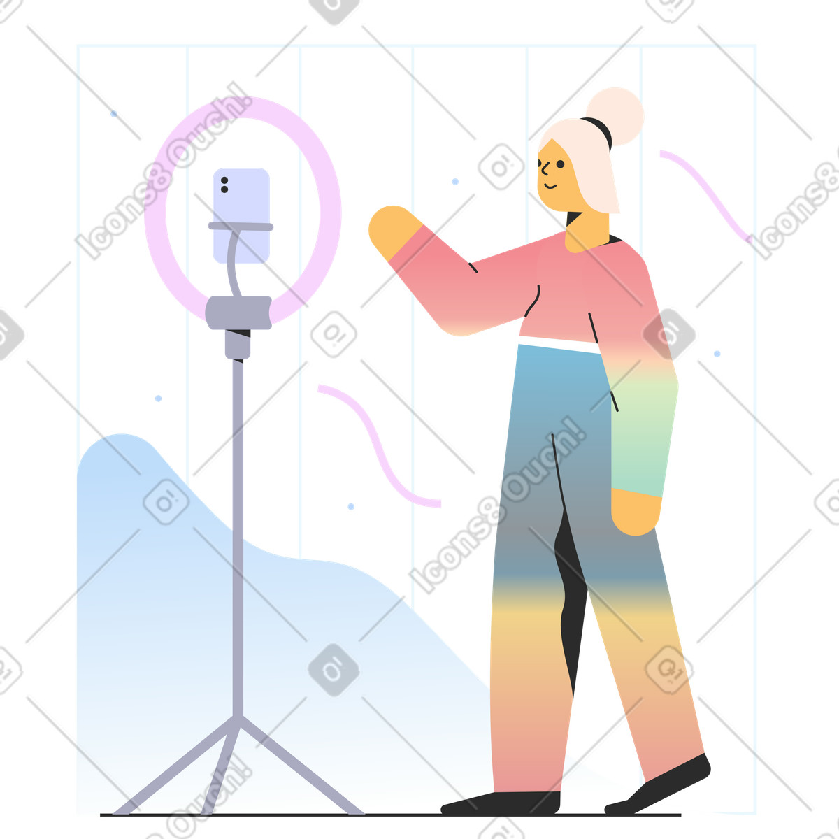 Frau nimmt video am telefon auf-Illustration im Marginalia-Stil als Download in PNG, SVG