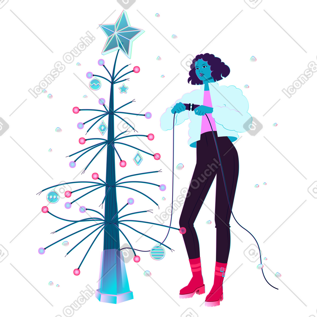Neon 스타일의 Decorating cyber christmas tree, tech-inspired winter holidays 일러스트레이션 PNG, SVG 다운로드