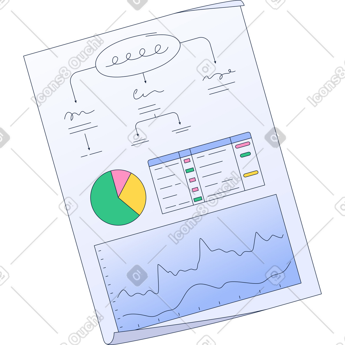 Sheet with diagram, table and graphs illustration in PNG, SVG