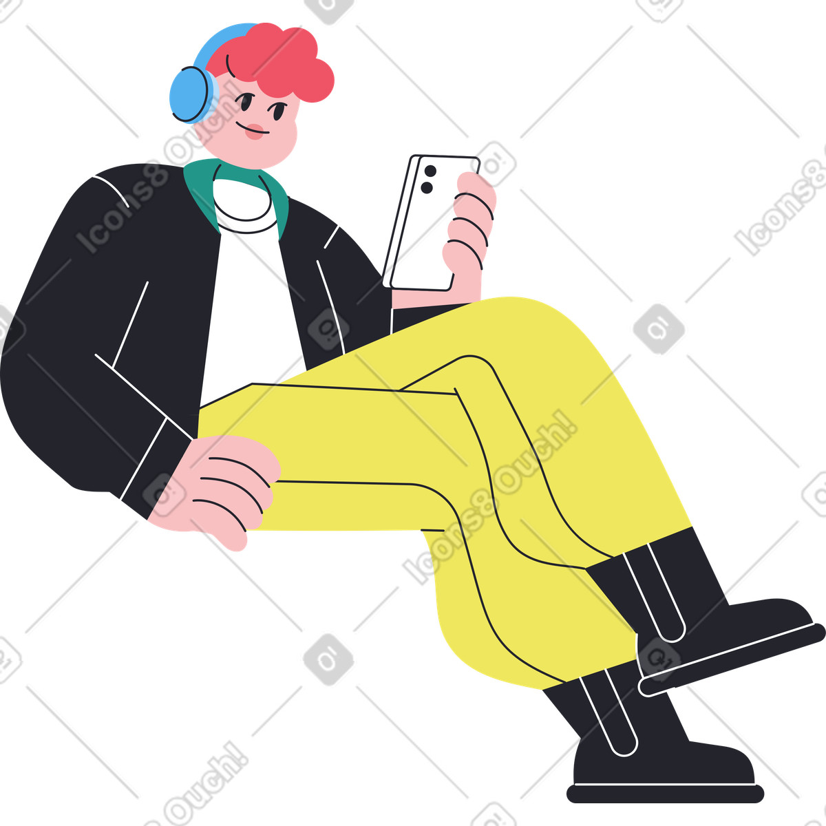 Boba スタイルの ヘッドホンをつけて座って電話をしている男性 のイラストをPNG、SVG形式でダウンロード