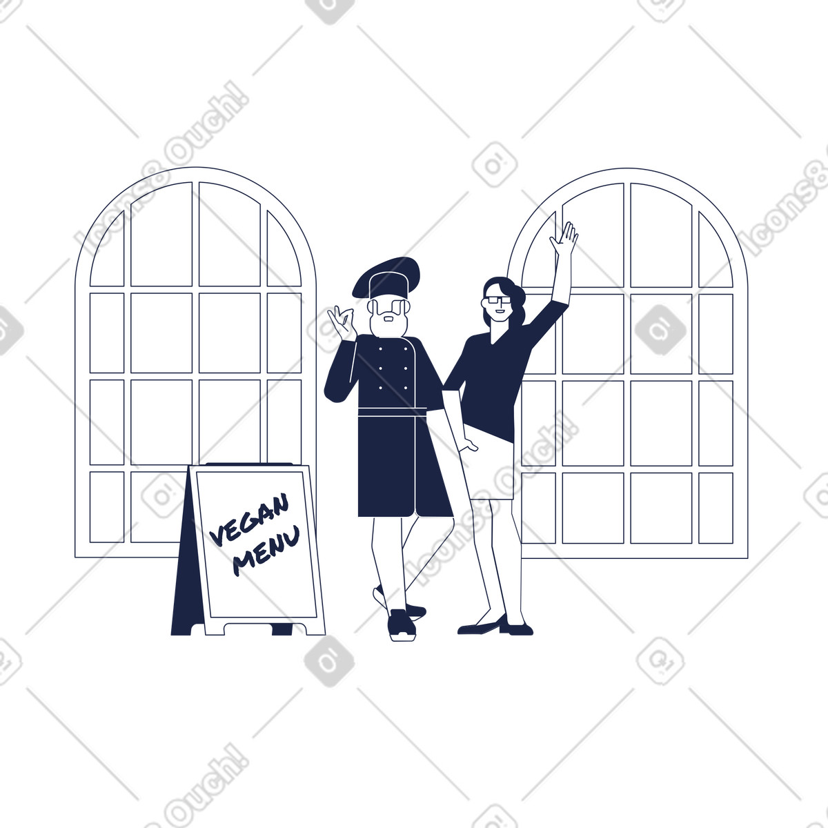 Restaurant hospitality and guest welcome, staff greeting visitors at entrance illustration in Urban Line style download in PNG, SVG