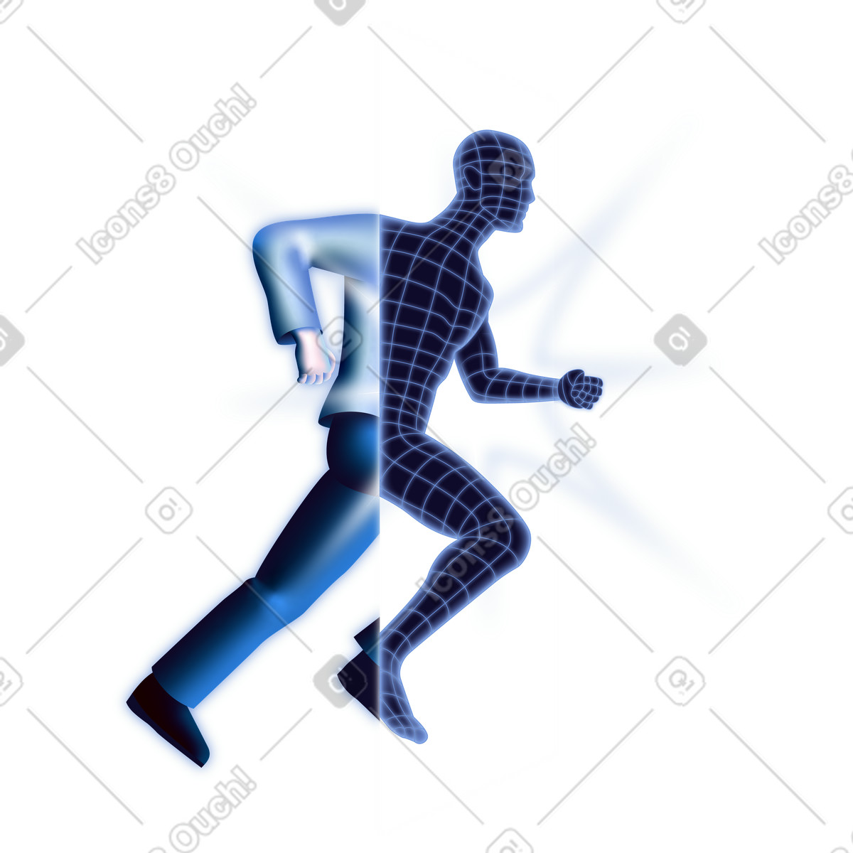 Data world transition with real person becoming digital avatar illustration in Dimension style download in PNG, SVG