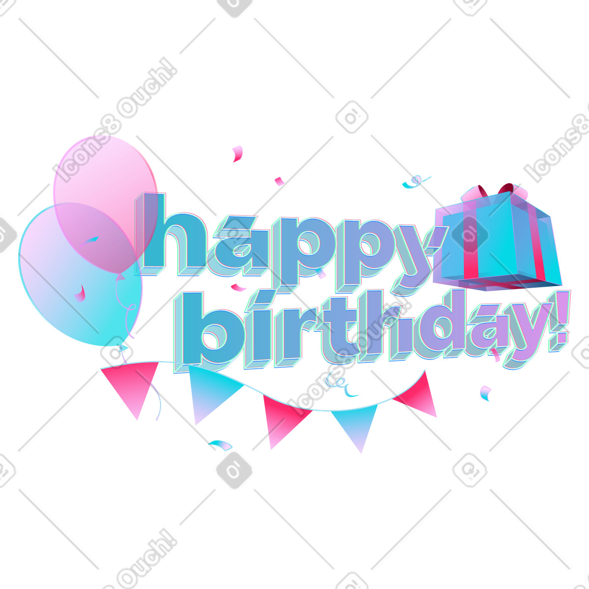 Ilustración Feliz cumpleaños con globos, caja de regalo y guirnalda cumpleaños. en estilo Neon a descargar en PNG SVG